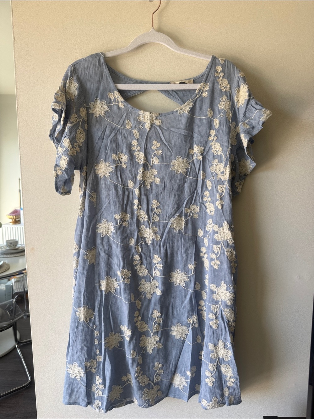 Altar'd State Blue Floral Embroidered Mini Dress with Cream Lace